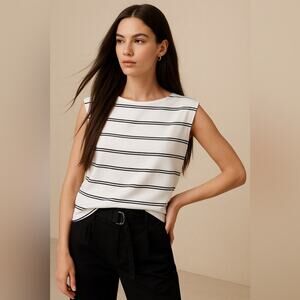 Banana Republic Ribbed Relaxed Stripe Tank Top Tee Shirt White Black Small
